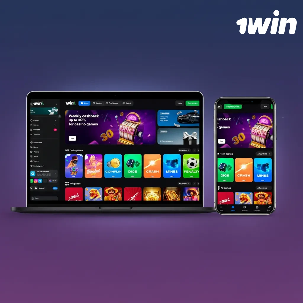 Dark-themed casino interface showing navigation bar with sports, live casino, slots, promotions, and account settings options